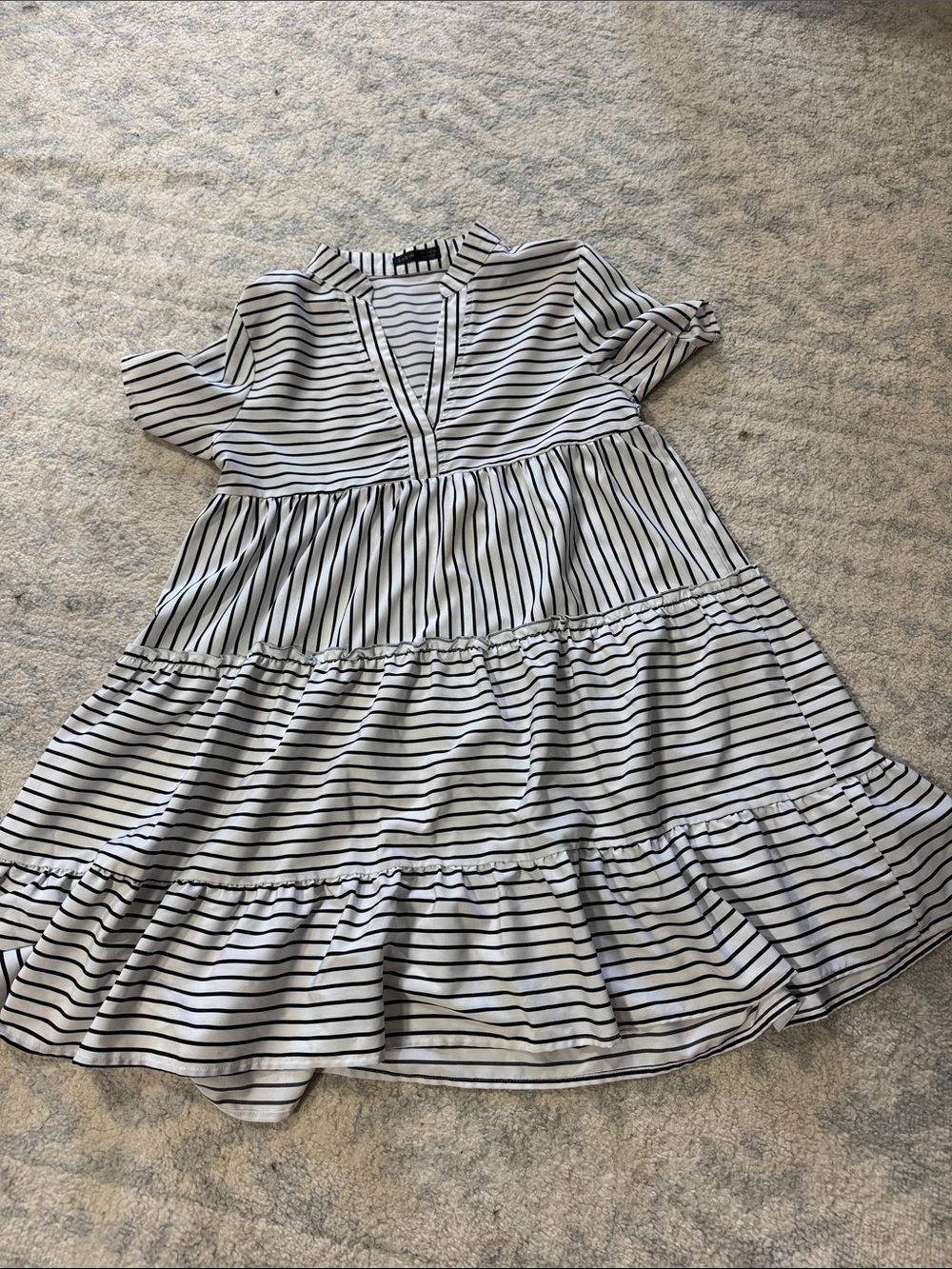 SHEIN Black & White Striped Tiered V‑Neck Mini Dress